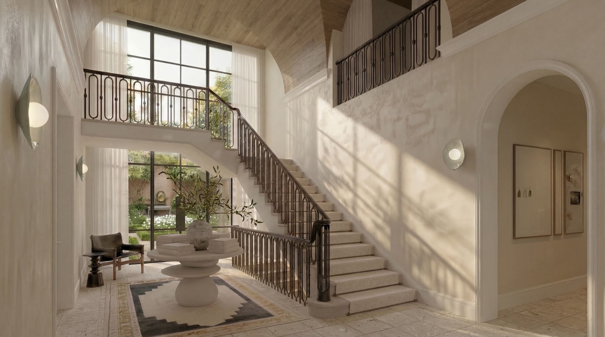Interior lobby with staircase, large window, and seating area, illuminated by natural light, with a fountain and decorative rug.