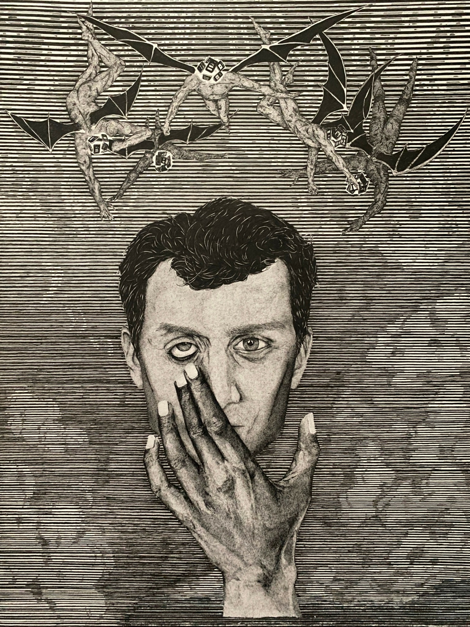 Black and white drawing of a person with short hair covering their mouth with their hand, looking directly at the viewer.