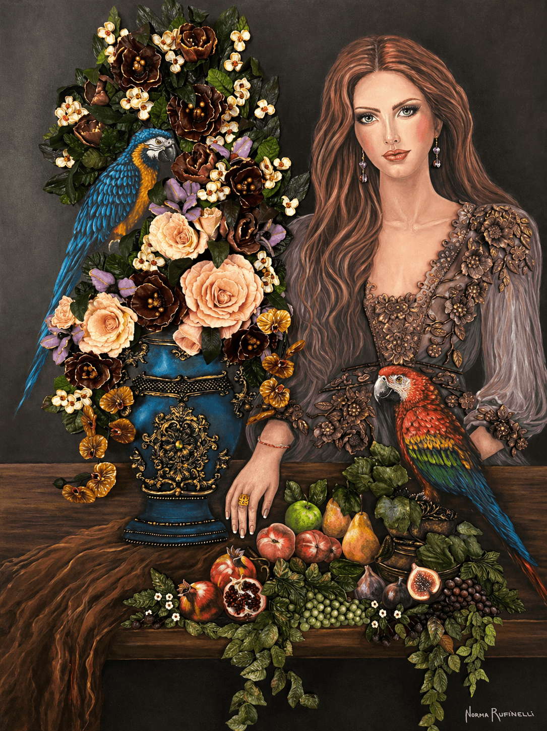 Woman with long wavy hair stands beside a table with fruits and flowers, a blue and yellow parrot nearby.
