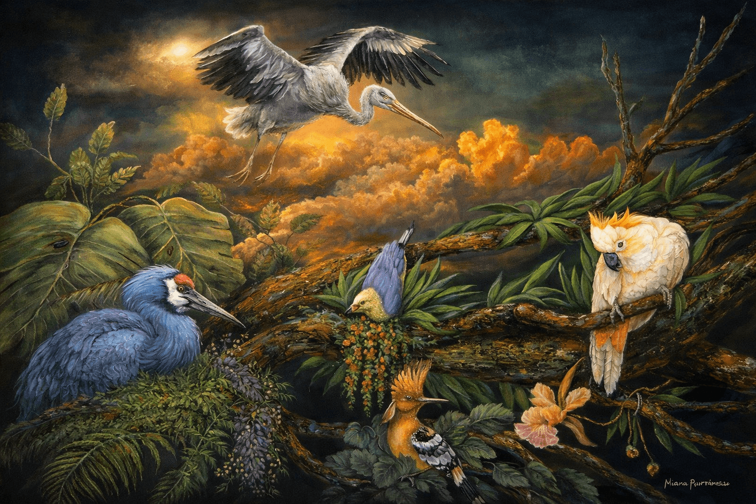 A heron flying above a pond with various birds, including a pelican, a kingfisher, and a duck, in a lush landscape.