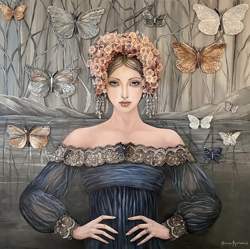 Woman with floral headpiece and off-shoulder dress surrounded by butterflies on a textured background.