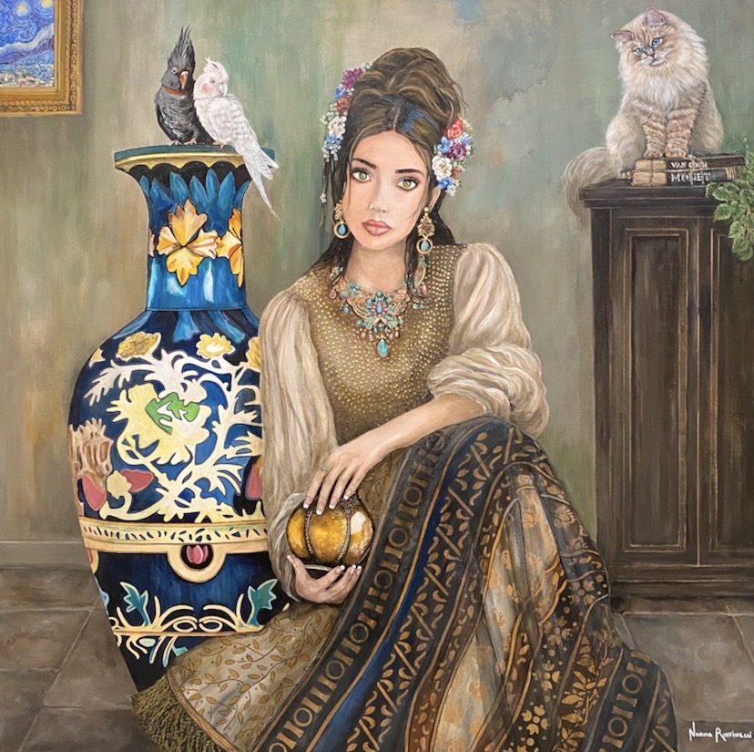 Young woman with floral headpiece, sitting with a decorative vase and animals, in a room with wooden furniture and paintings.