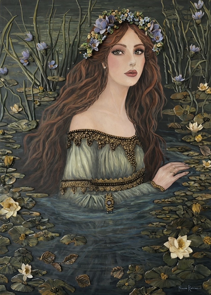 Woman with long wavy hair and a floral crown in a pond surrounded by water lilies.