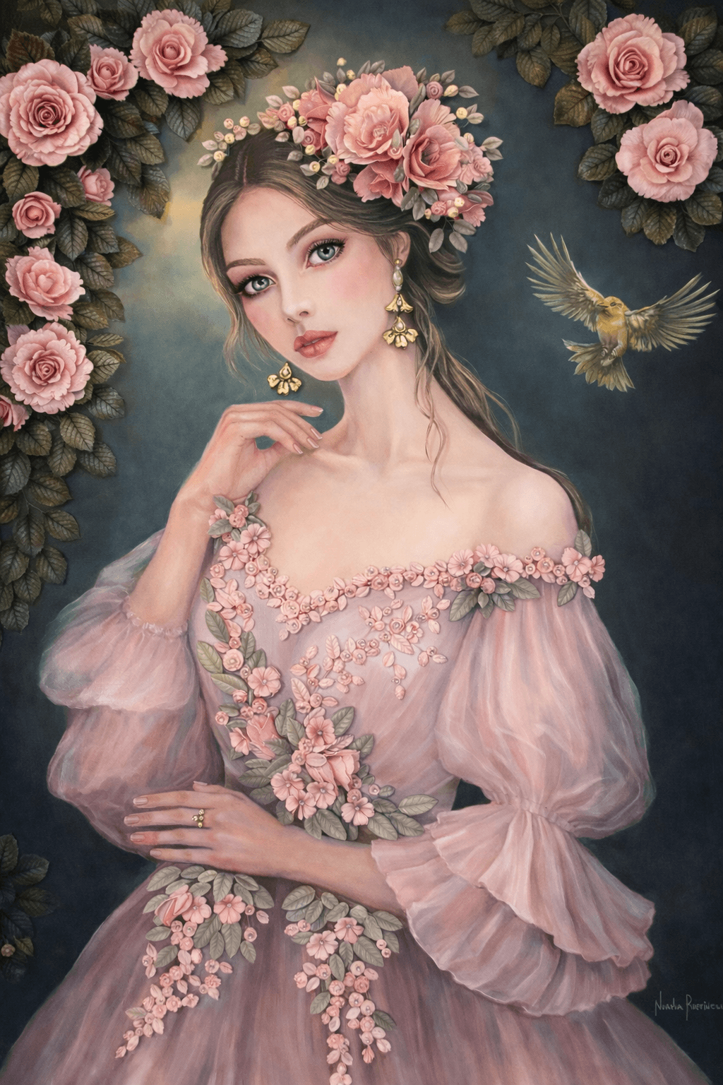 Young woman with floral crown, wearing pink dress with floral details, surrounded by roses and a flying bird.