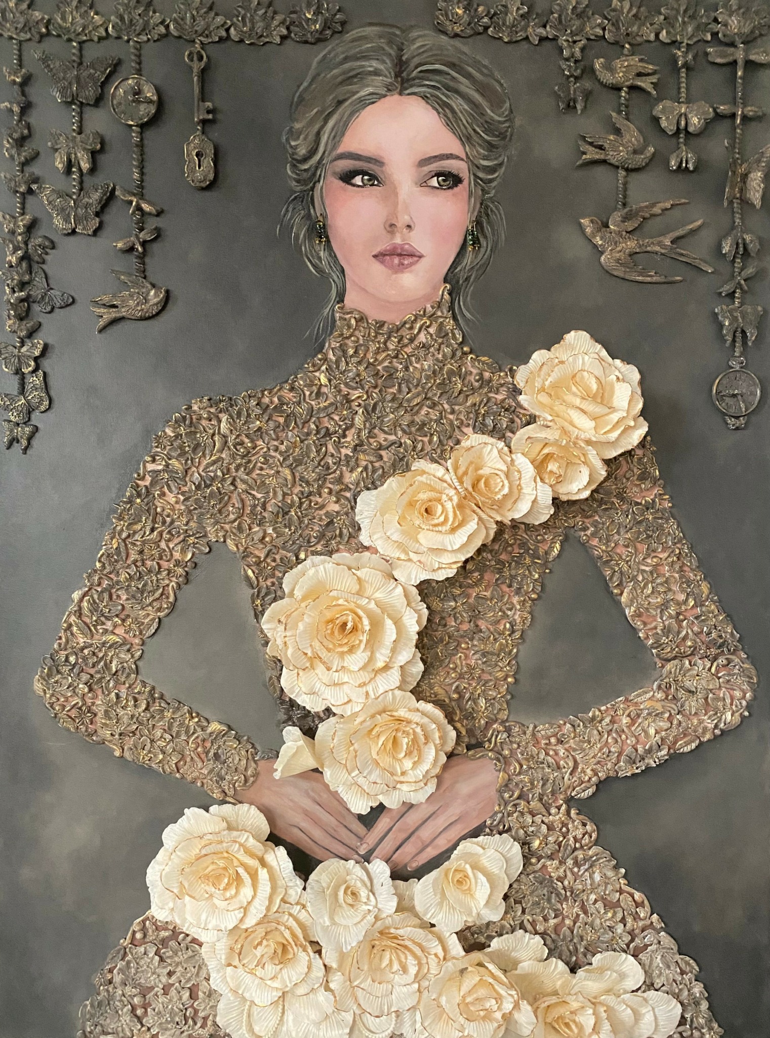 Woman with styled hair in a gold lace dress holding large cream-colored roses, standing against a decorative background.
