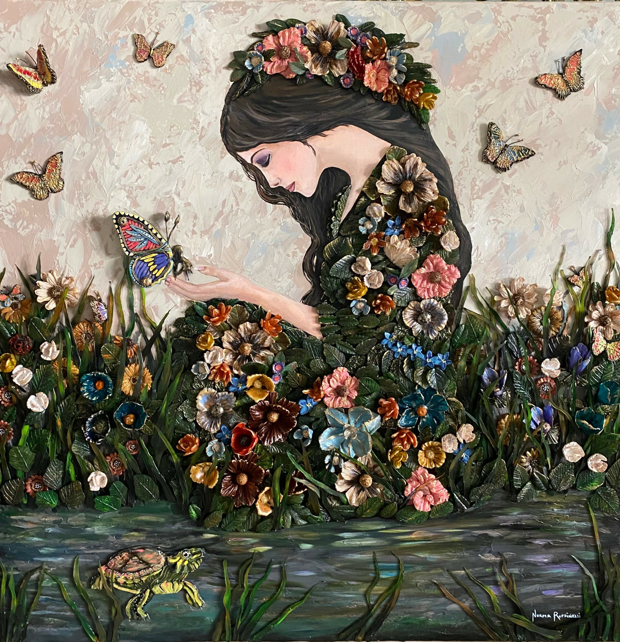 Girl with long dark hair and floral crown surrounded by colorful flowers and butterflies, sitting by water.