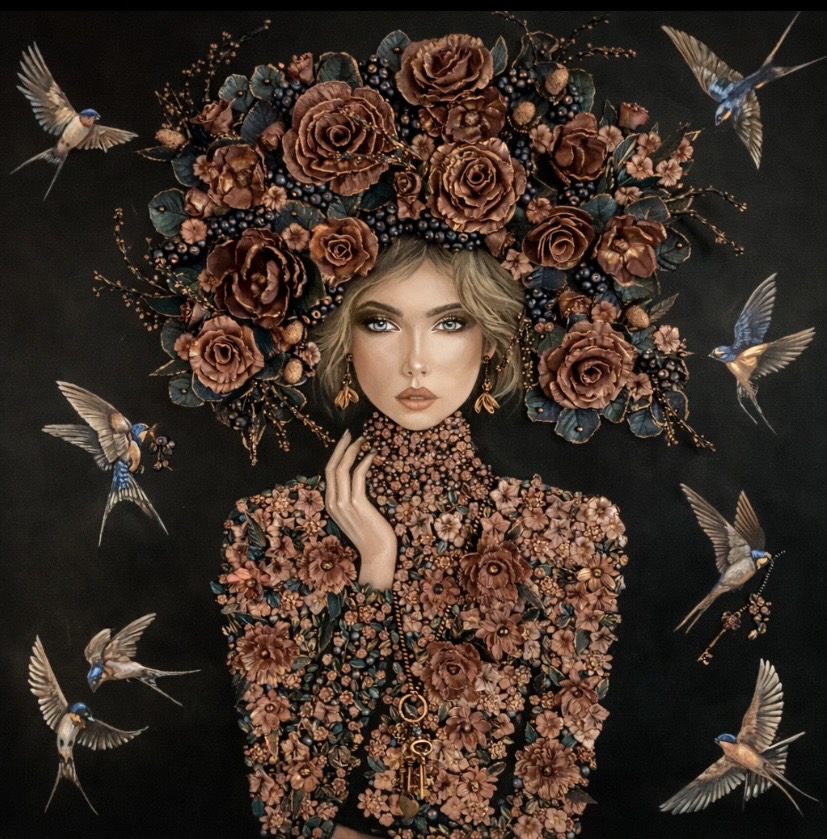 Woman with floral headdress surrounded by hummingbirds, wearing a floral dress and jewelry, against a dark background.