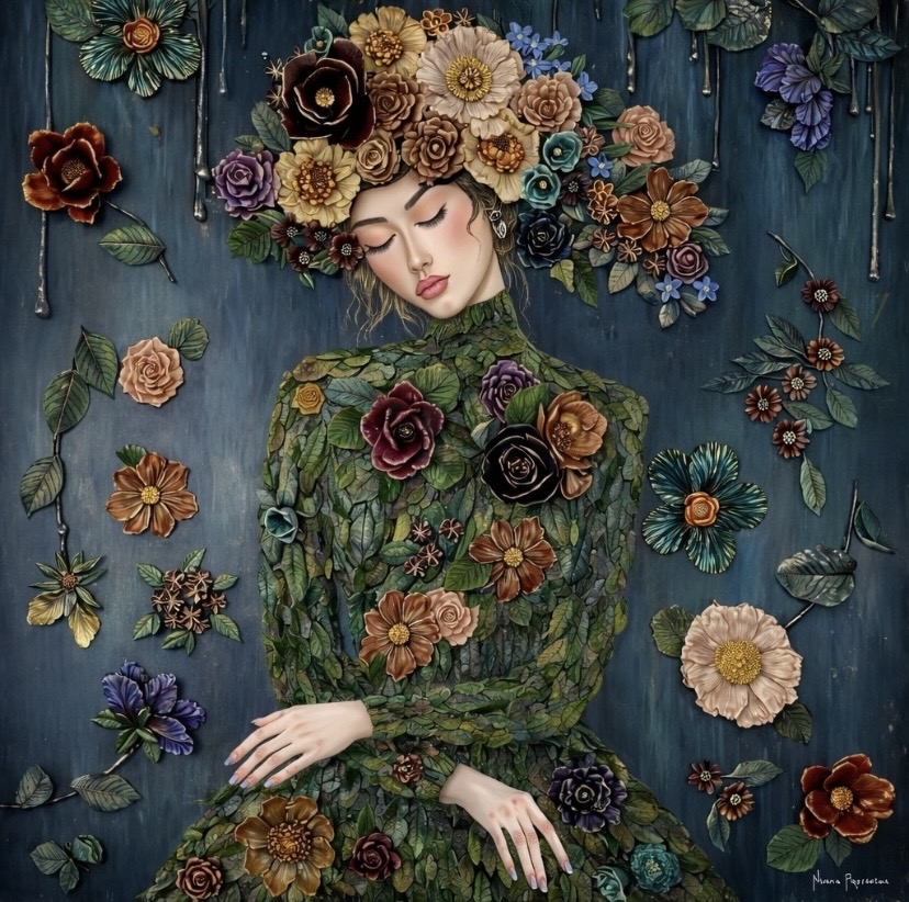 Woman with floral headdress and dress surrounded by colorful flowers on a blue background.