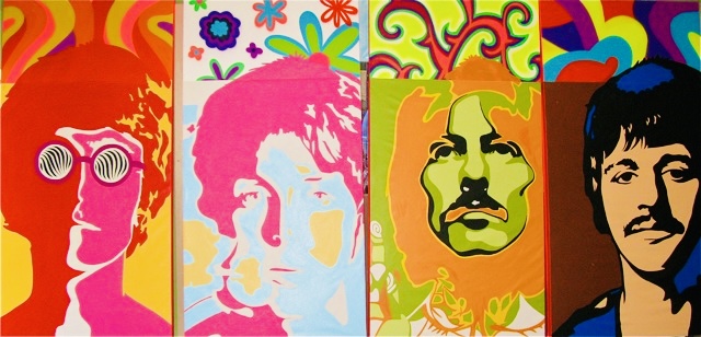 Four colorful pop art portraits of different individuals with vibrant backgrounds.