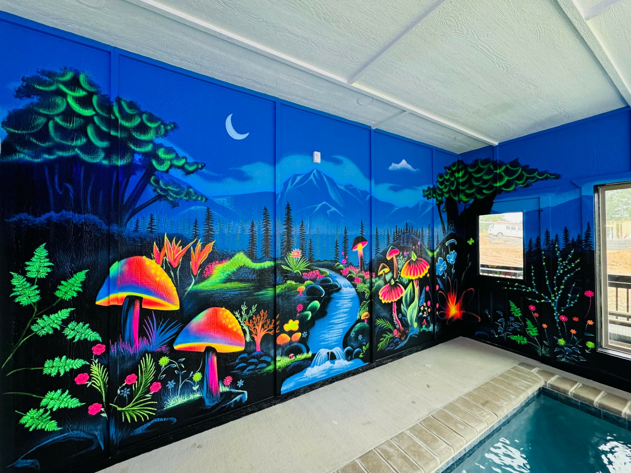 Colorful mural of trees, mushrooms, a stream, and mountains with a moon on a blue wall near a pool.