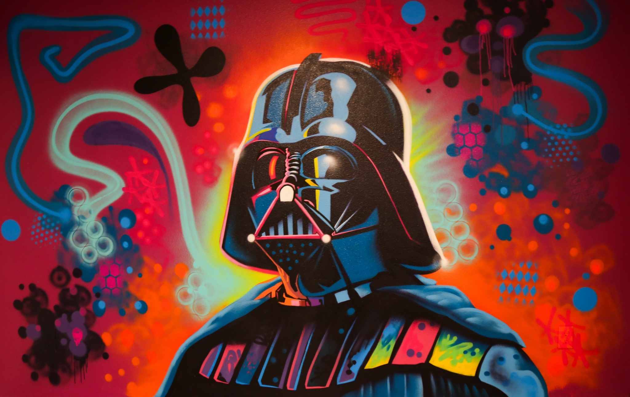 Darth Vader with colorful graffiti background, vibrant reds, blues, and oranges, stylized and abstract art style.