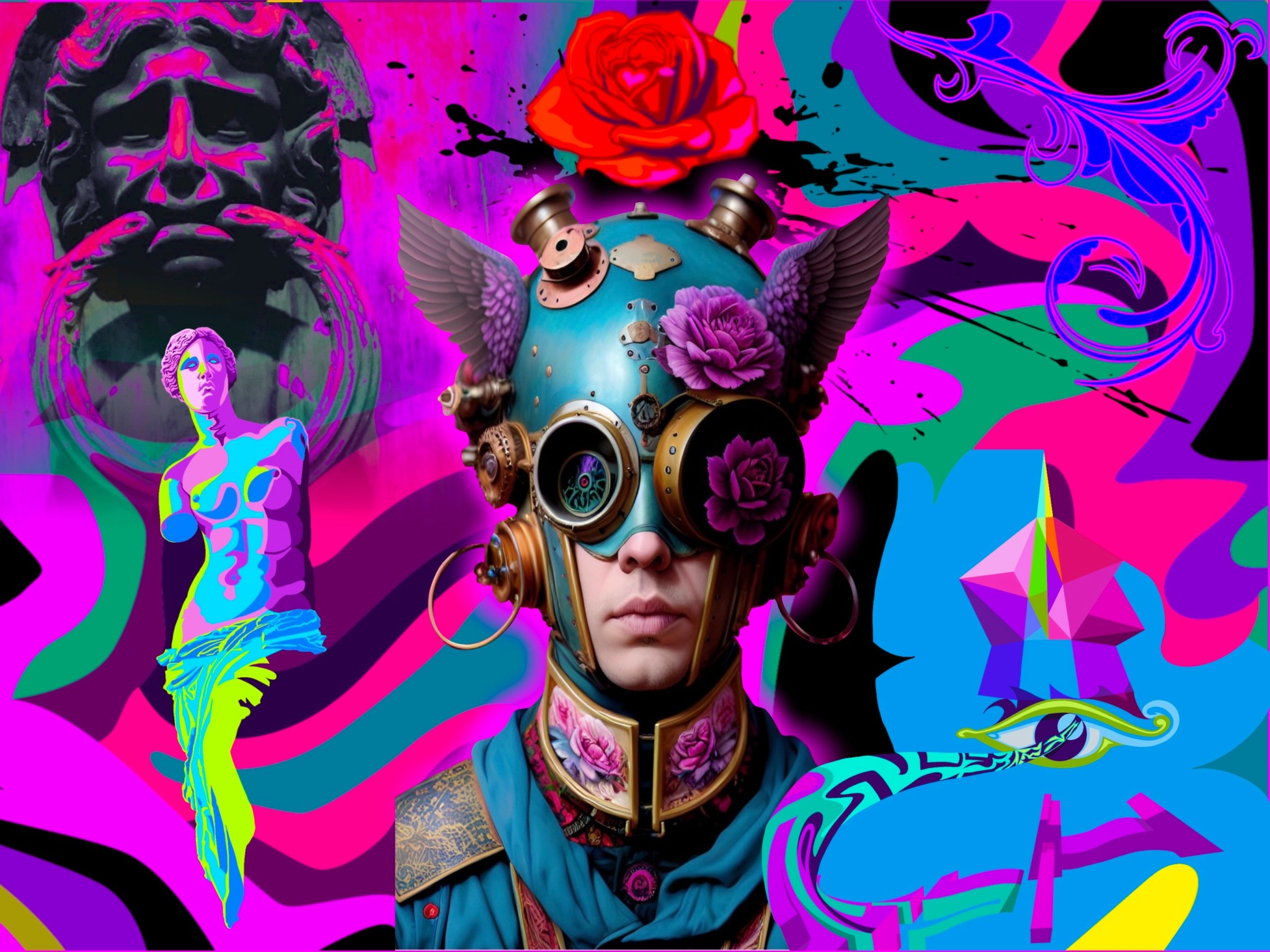 Person wearing a helmet with flowers, headphones, and decorative elements, surrounded by colorful abstract patterns and figures.