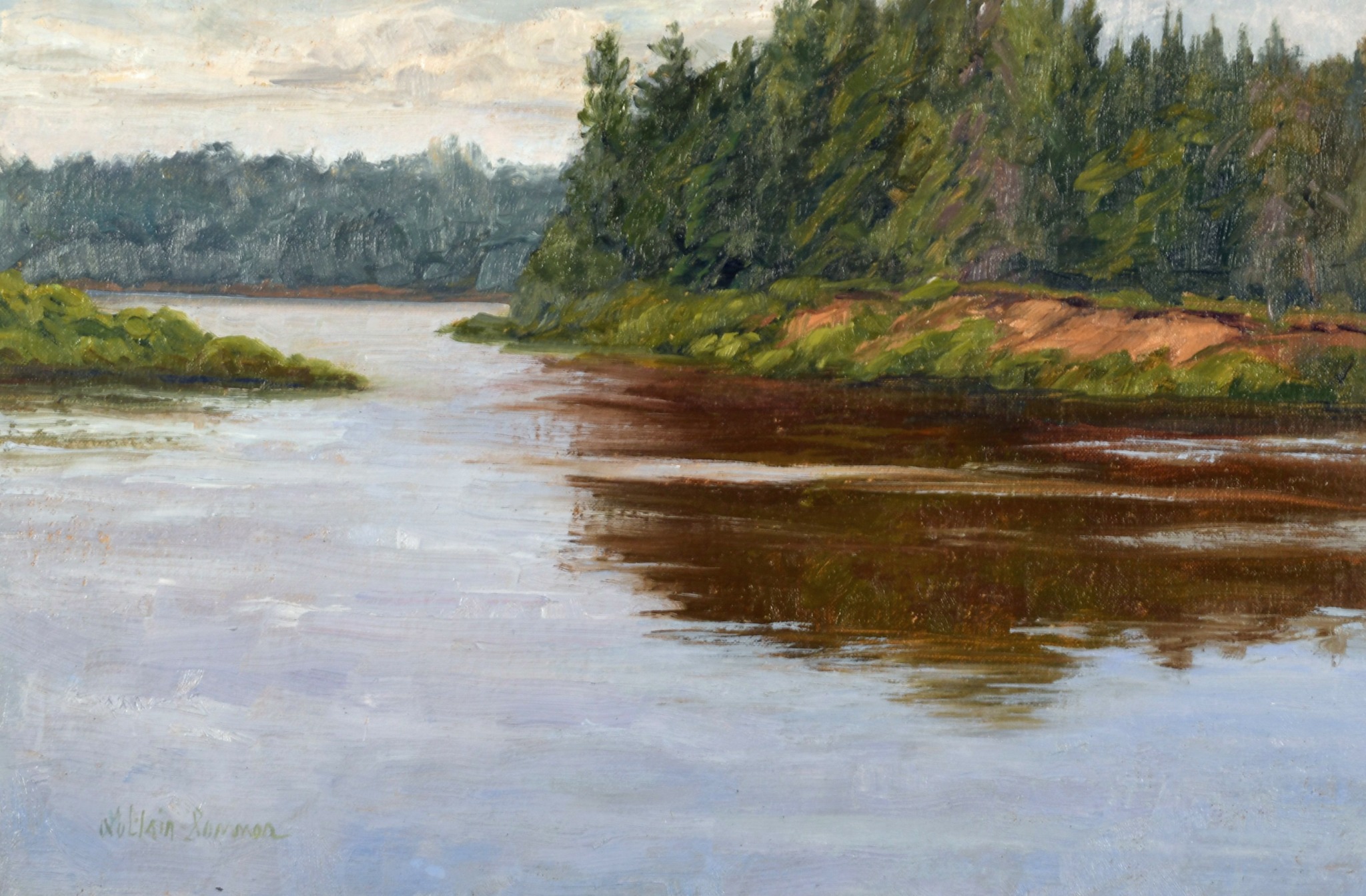 River with trees and land on both sides, cloudy sky reflected in water, landscape scene.