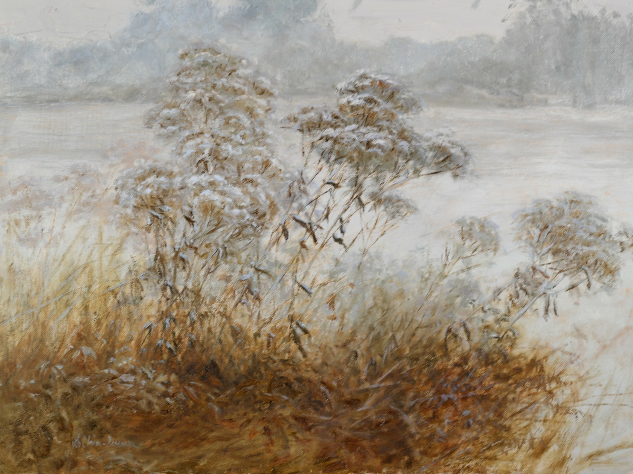 Landscape with trees and water, soft colors, misty background, and tall grasses in foreground.
