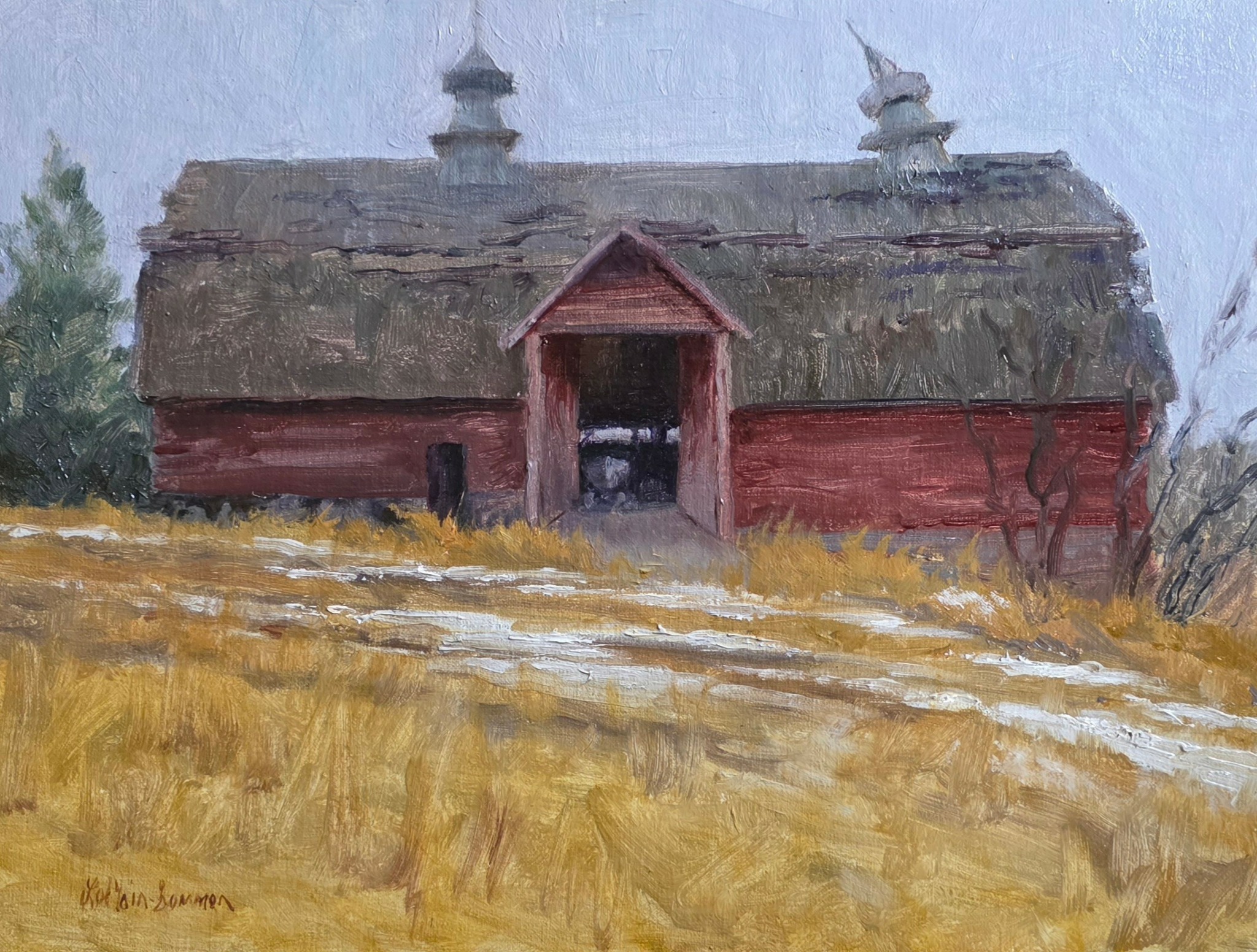 Old red barn with weathered roof and open door, surrounded by grassy field and trees in background.