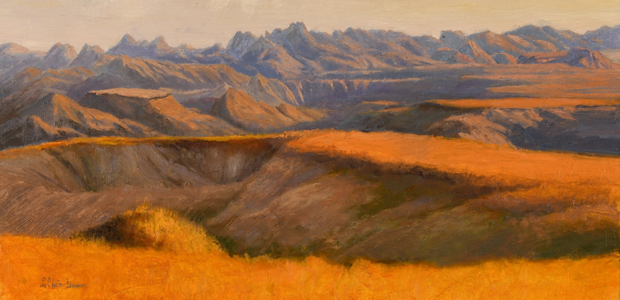 Landscape with mountains, rolling hills, and grassy plains in warm tones under a cloudy sky.