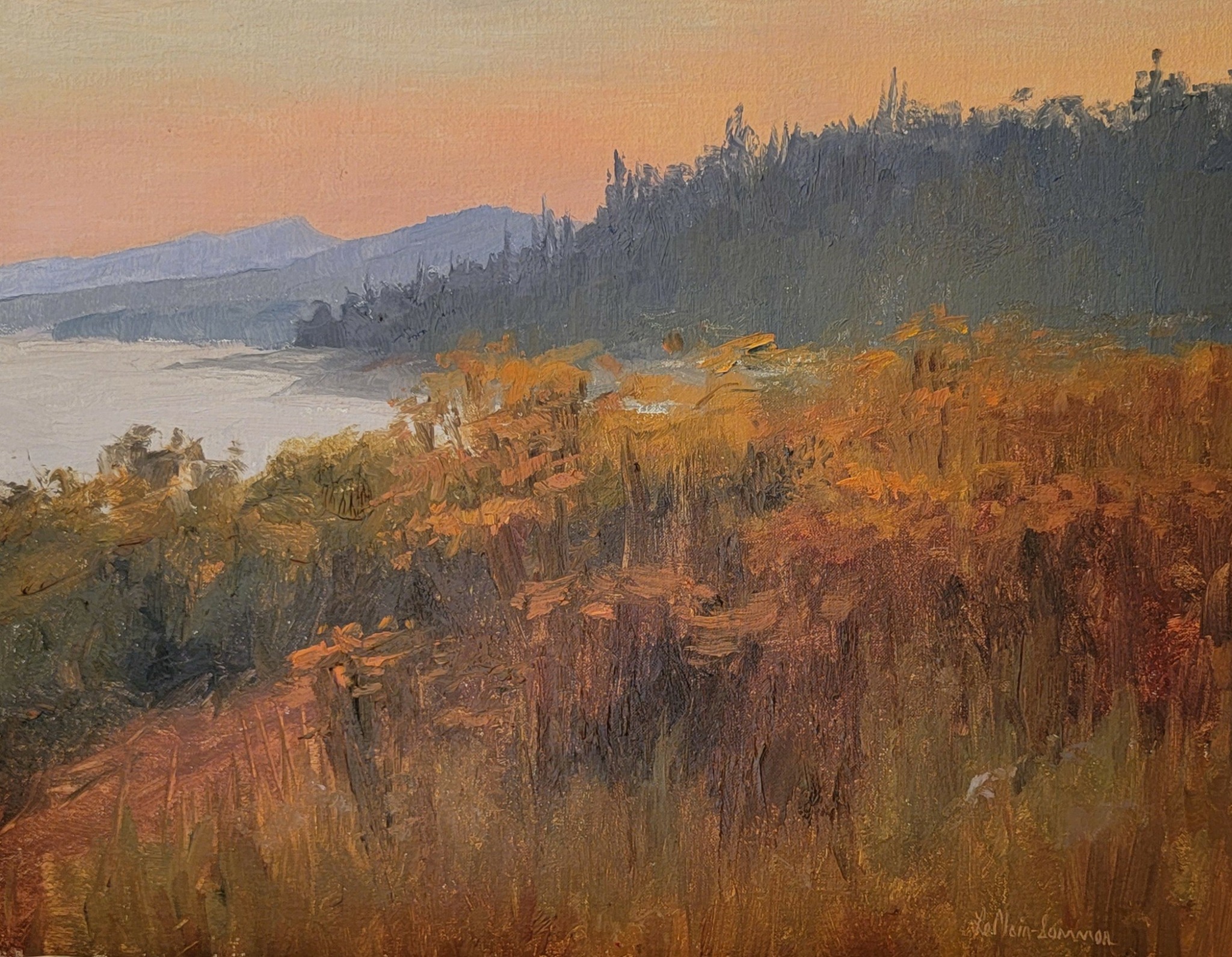 Landscape painting of a river, hills, and trees with warm colors and a soft sky.