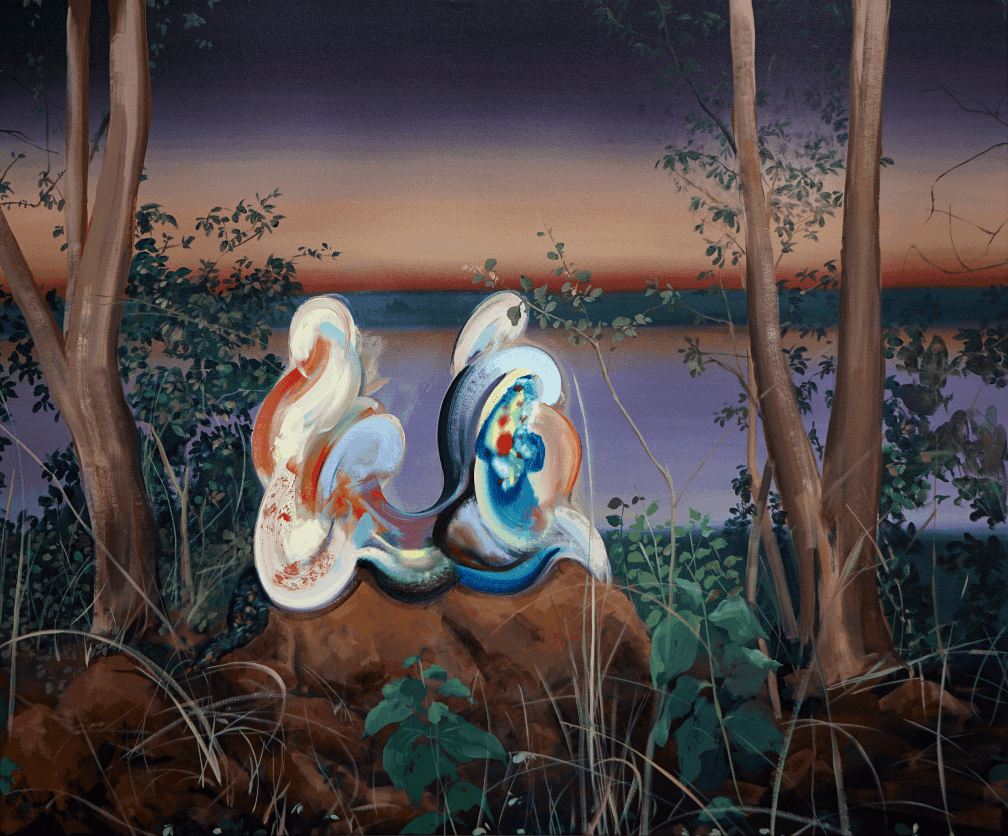 Two abstract sculptures on a rock near a lake at sunset, surrounded by trees and plants.