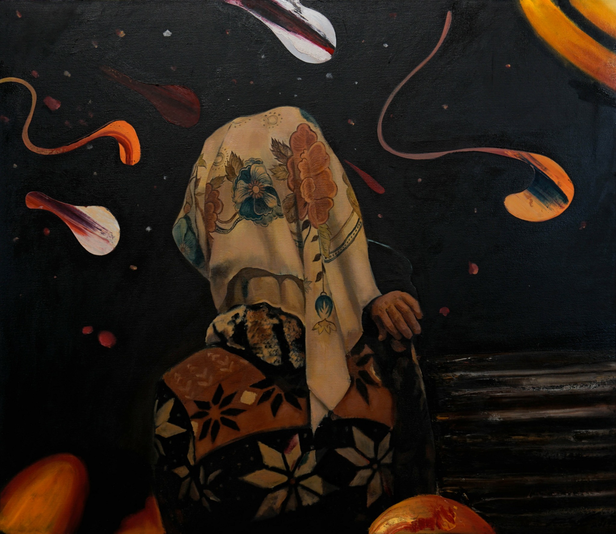 Person with head covered, sitting on a bench, surrounded by floating colorful shapes and objects.