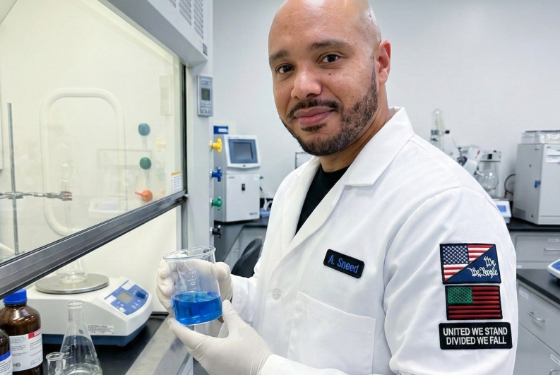 Male scientist in lab coat holding a blue liquid in a beaker, laboratory equipment in background.