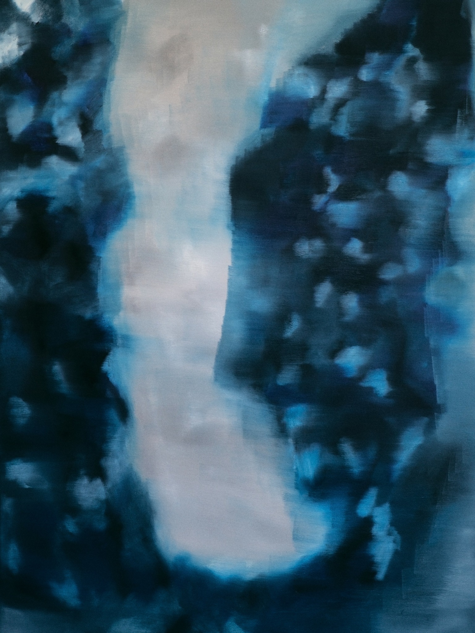 Abstract painting with blue, black, and white colors, resembling a waterfall or flowing water.