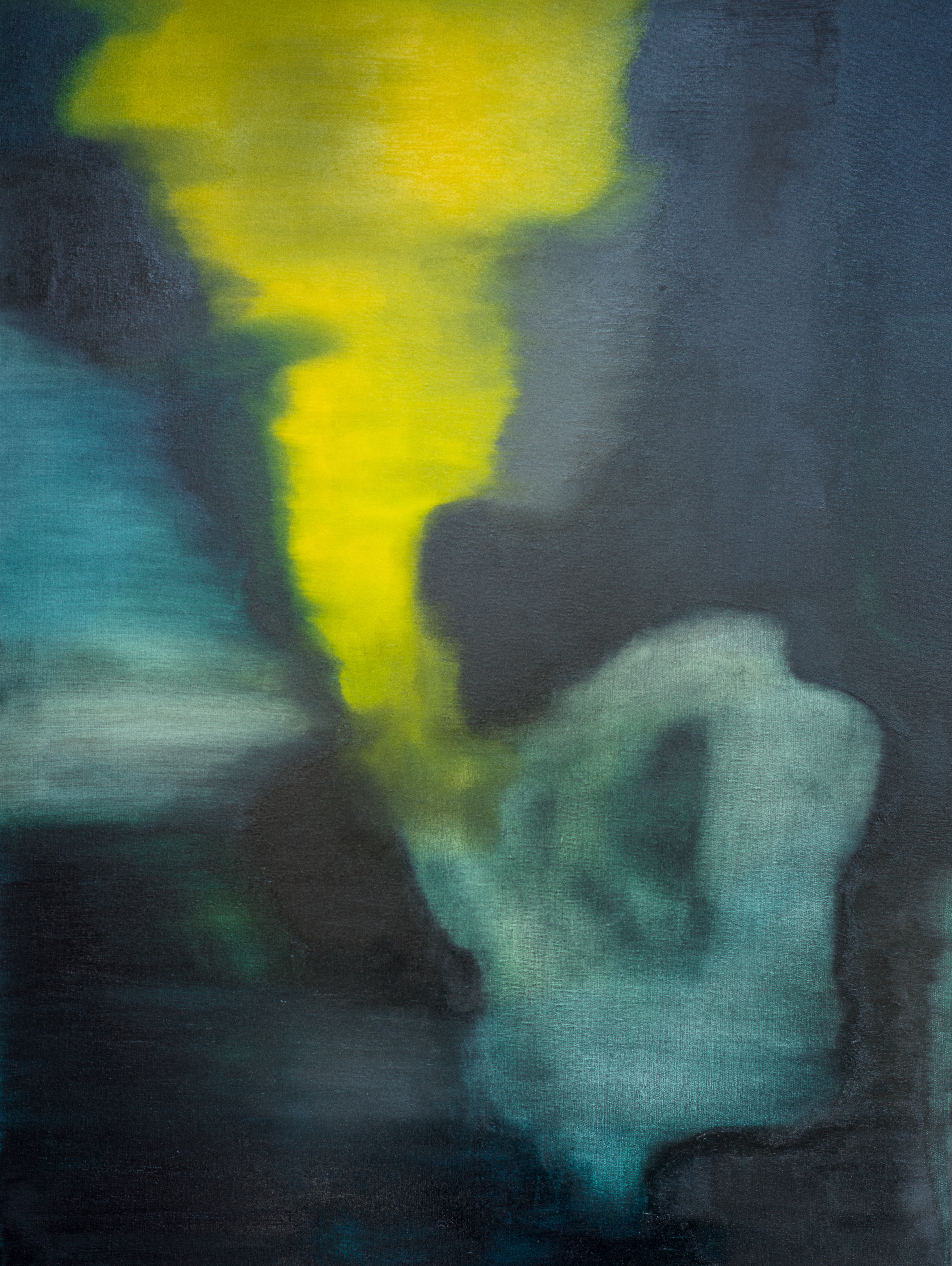 Abstract painting with yellow, blue, and gray colors blending together.