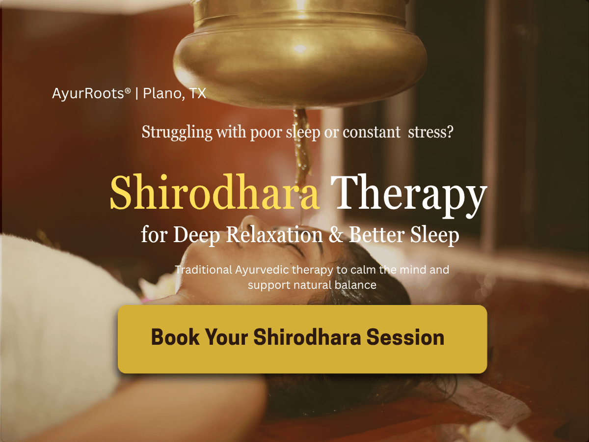 A brass bell with a wooden handle, hanging in a room with warm lighting, promoting Shirodhara therapy for sleep and stress relief.