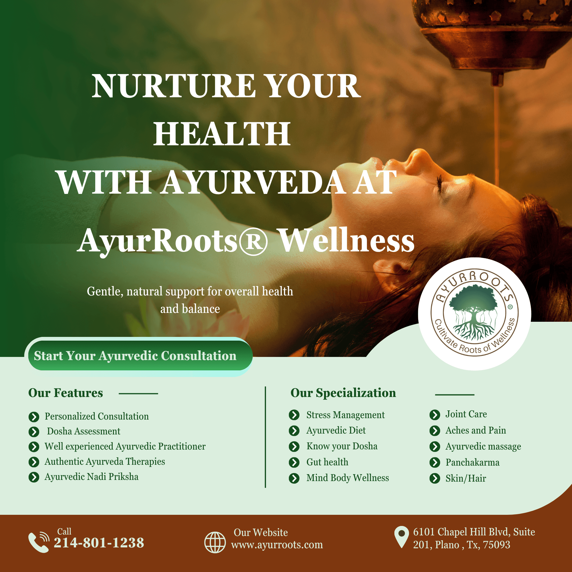 Person lying down with a dropper above, green background, text about Ayurveda and wellness, logo in bottom right corner.