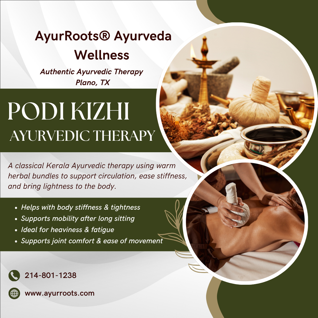 Advertisement for Ayurvedic therapy with images of herbal treatments and a person receiving therapy, text about benefits and contact details.