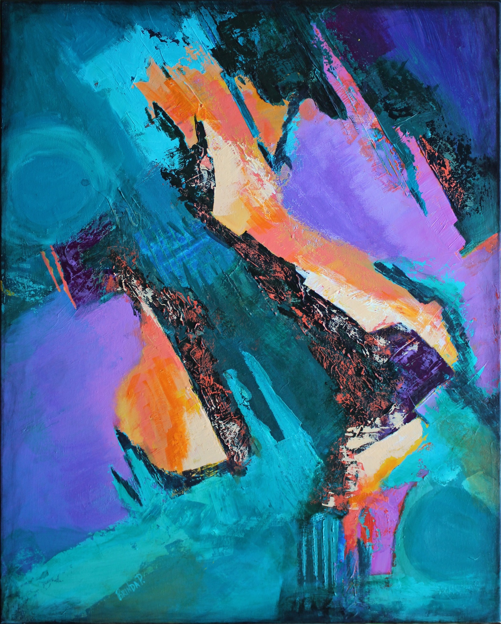 Abstract painting with vibrant blue, purple, orange, and black brushstrokes creating dynamic shapes and textures.