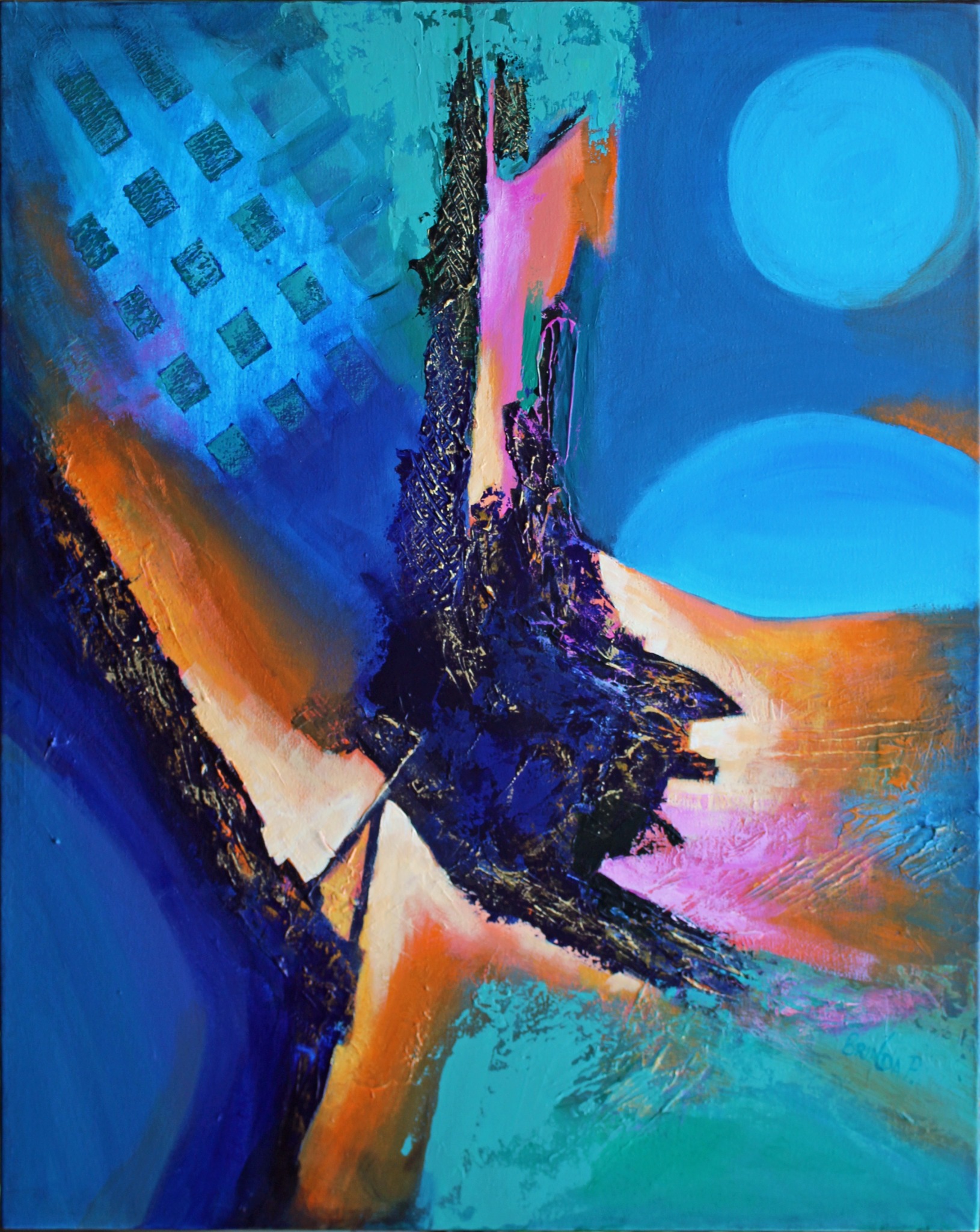 Abstract painting with blue, orange, pink, and black colors, featuring circular shapes and textured brushstrokes.