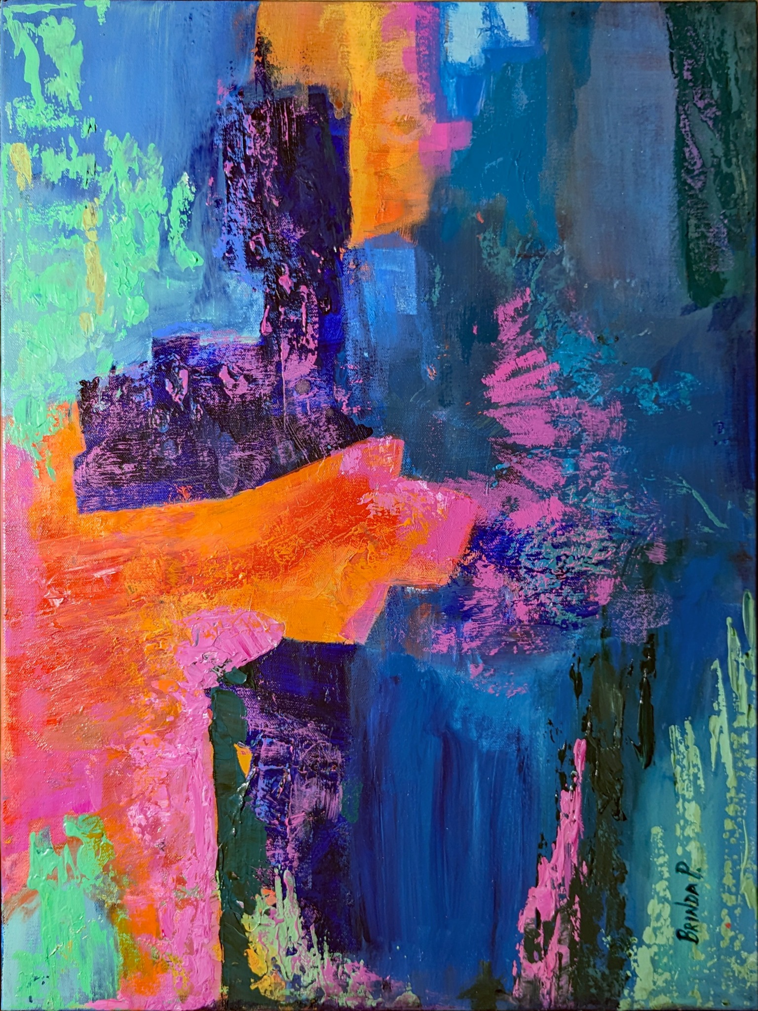 Abstract painting with vibrant blue, pink, purple, green, and orange brushstrokes and textures.