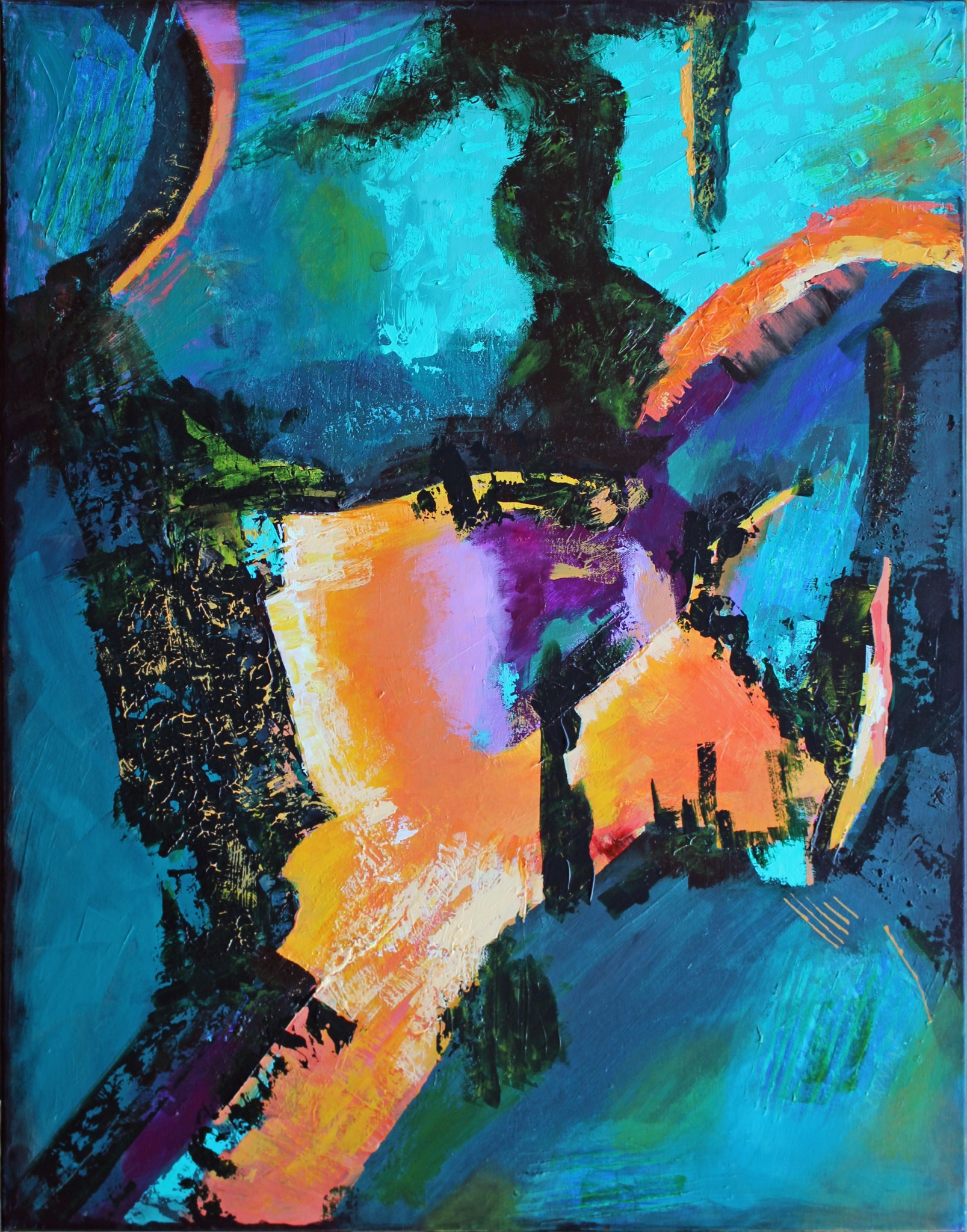 Abstract painting with vibrant blue, green, orange, and purple colors, featuring bold brushstrokes and shapes.