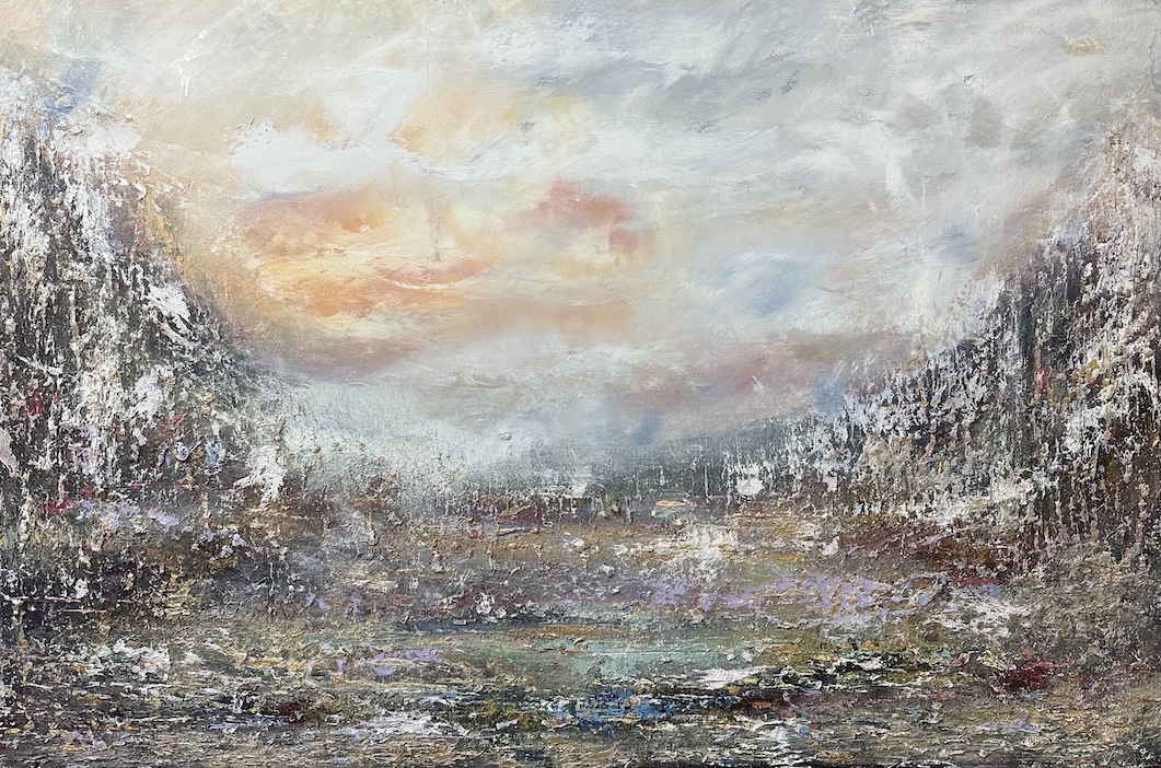 Abstract landscape with a cloudy sky, trees on both sides, and a body of water in the foreground.