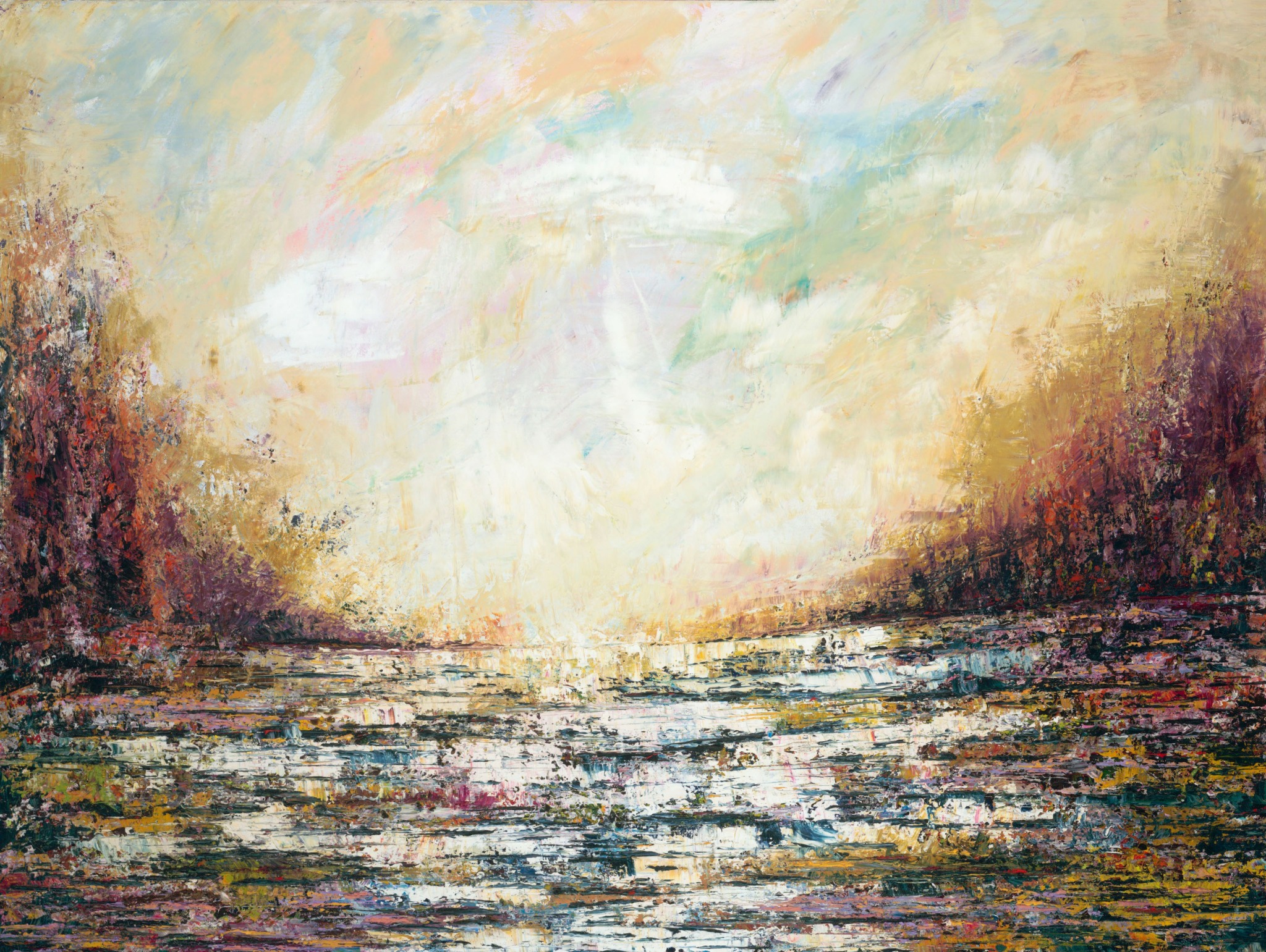 Abstract landscape with a bright sky, trees on both sides, and textured water in the foreground.