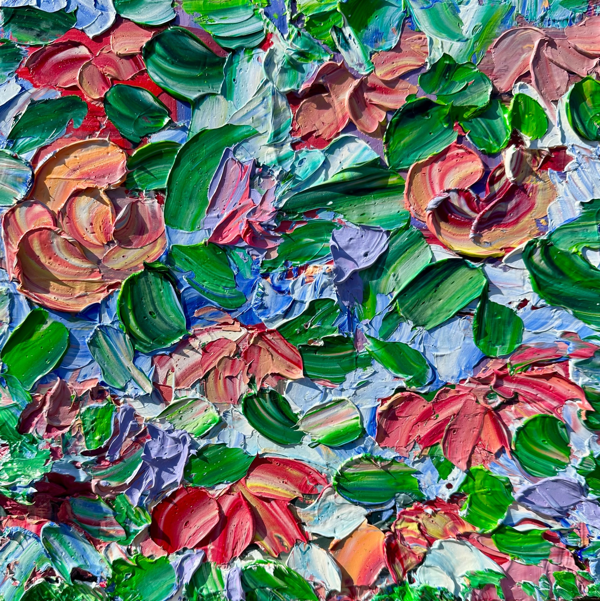 Abstract floral painting with thick, colorful brushstrokes in pink, green, blue, and purple hues.
