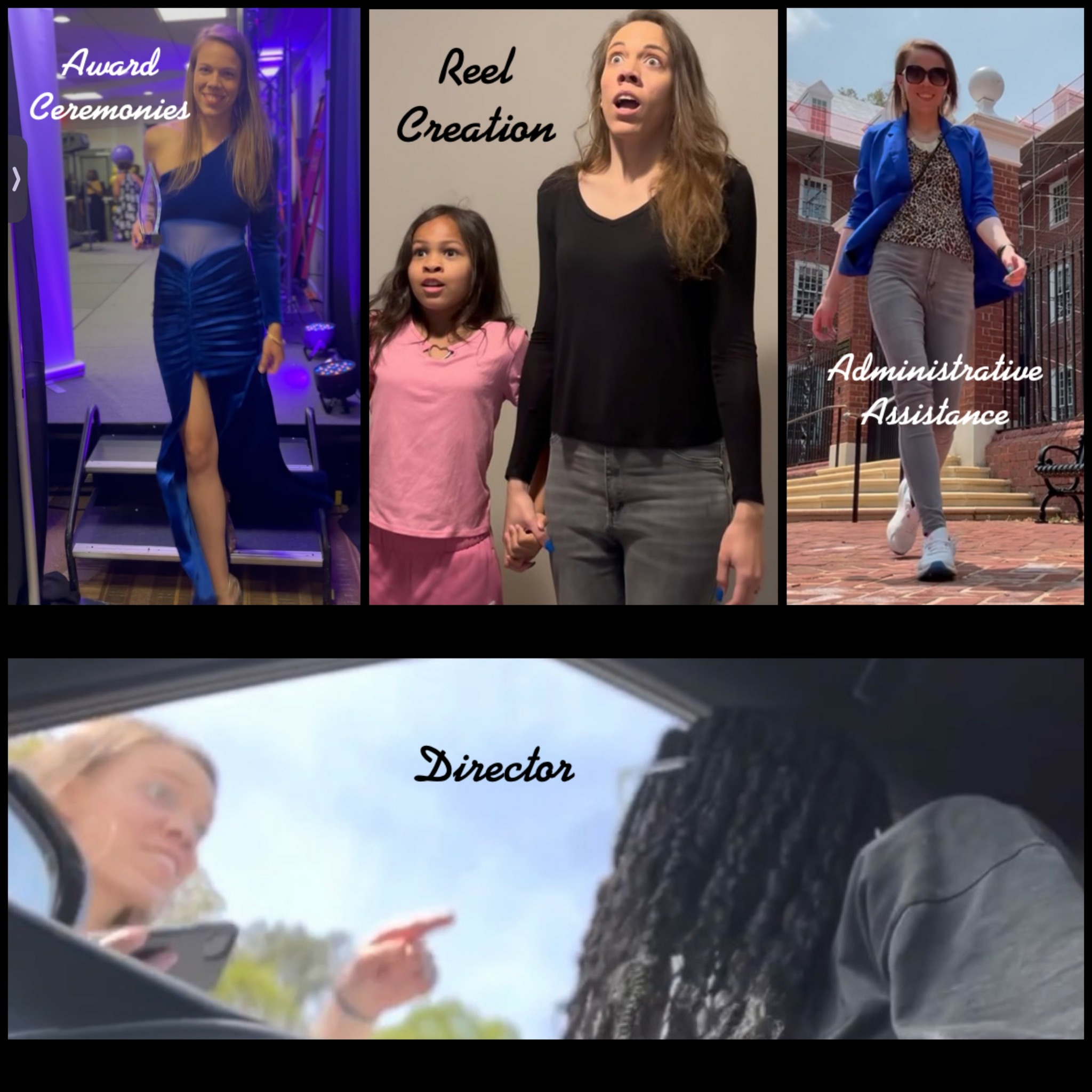 Four images showing women in various settings, with labels: Award Ceremony, Reel Creation, Administrative Assistance, Director.