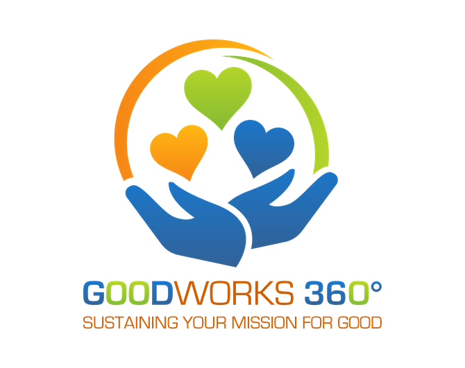 Two blue hands hold three hearts in green, yellow, and blue on a black background with text below.