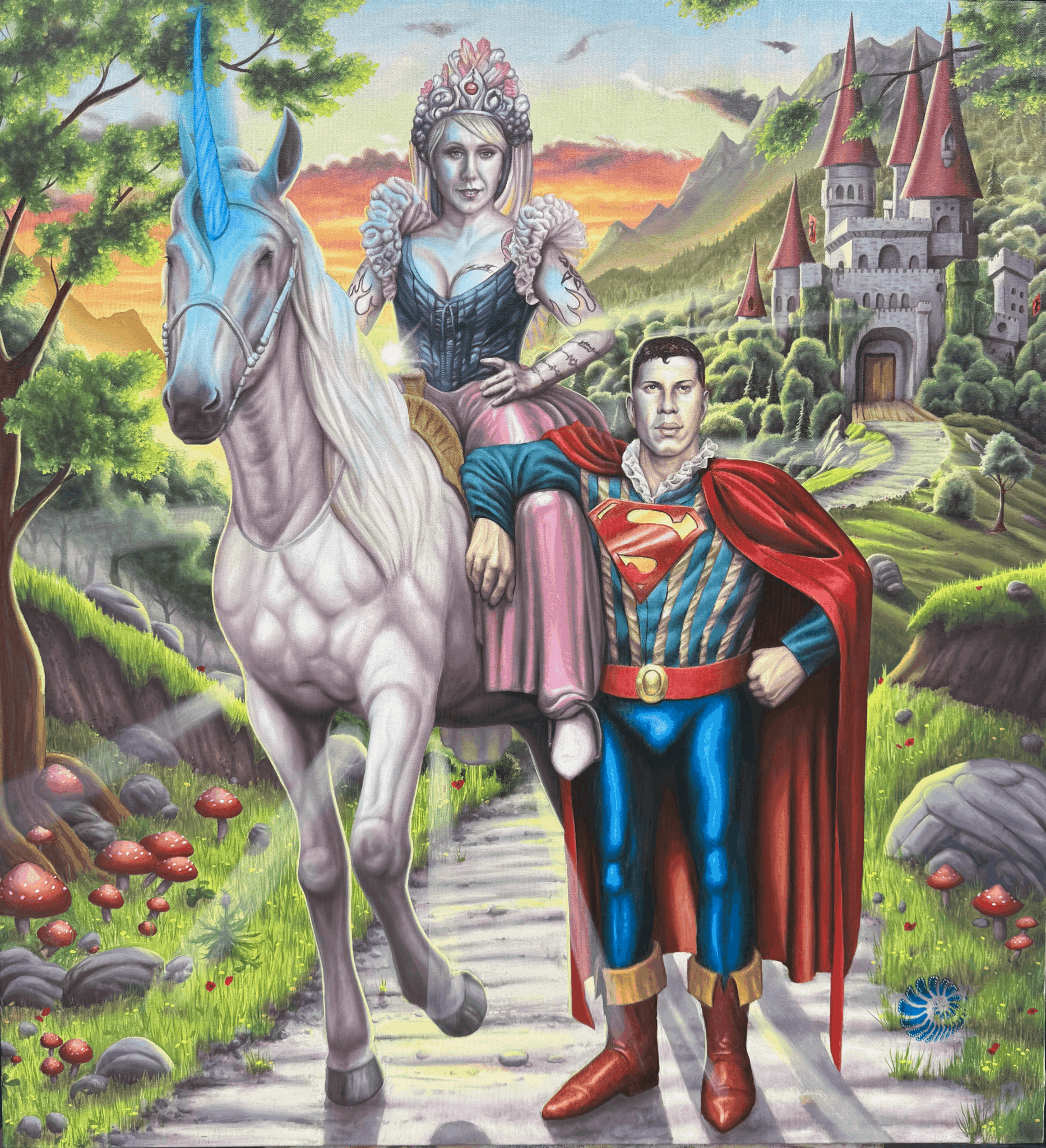 A woman with a crown rides a white unicorn, with a man in a superhero costume standing beside them in a fantasy landscape.