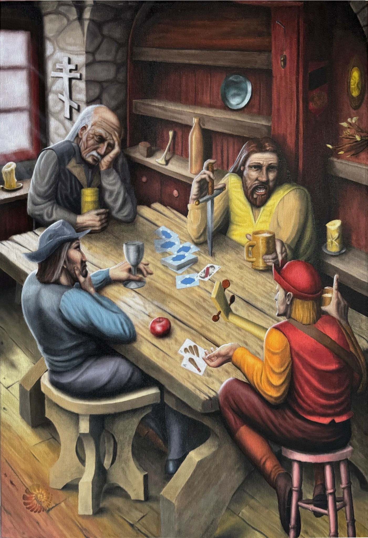 Four people playing cards at a wooden table in a cozy room with shelves, a window, and a stone wall.