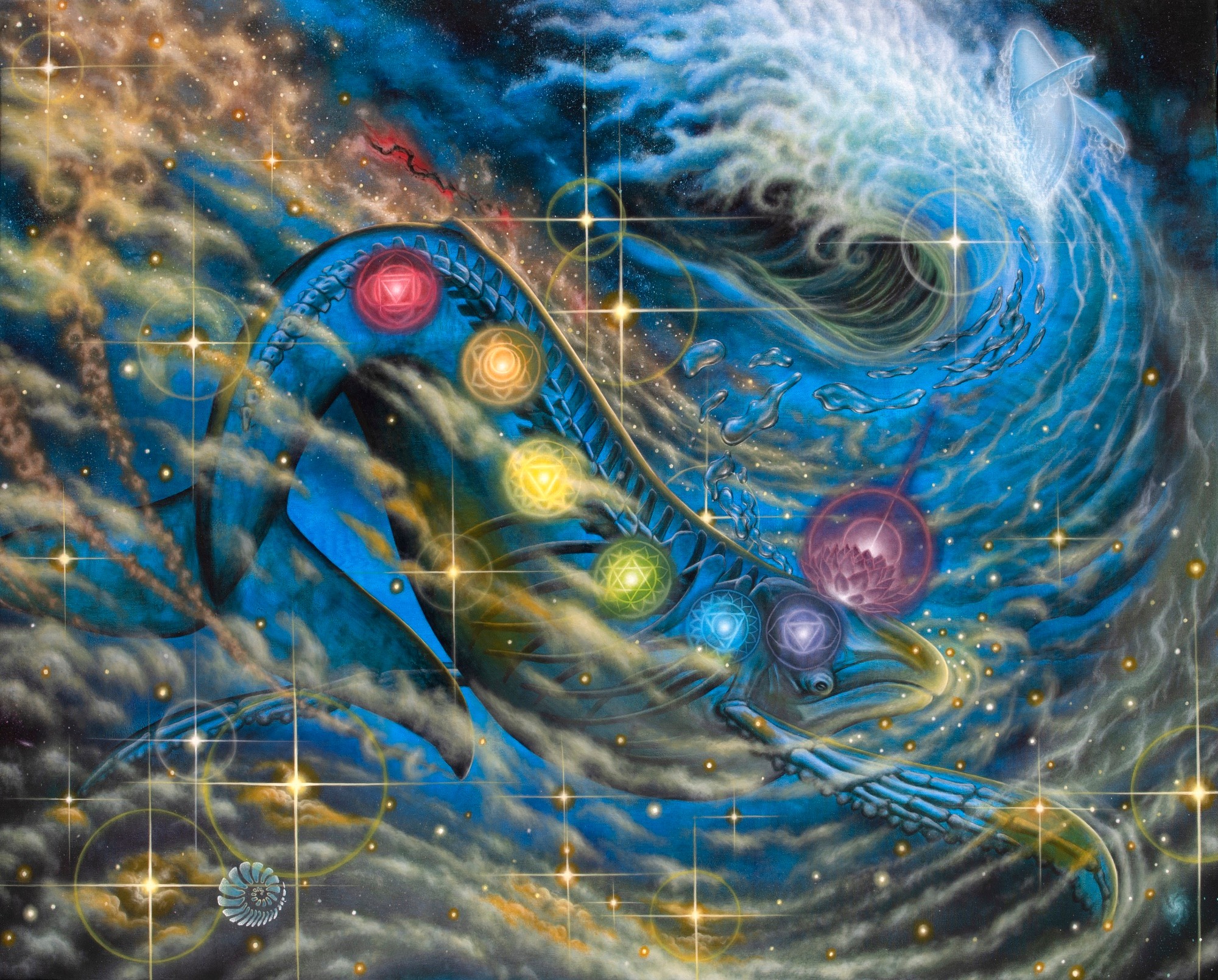 Colorful depiction of planets and cosmic elements swirling in space with stars and nebulae.