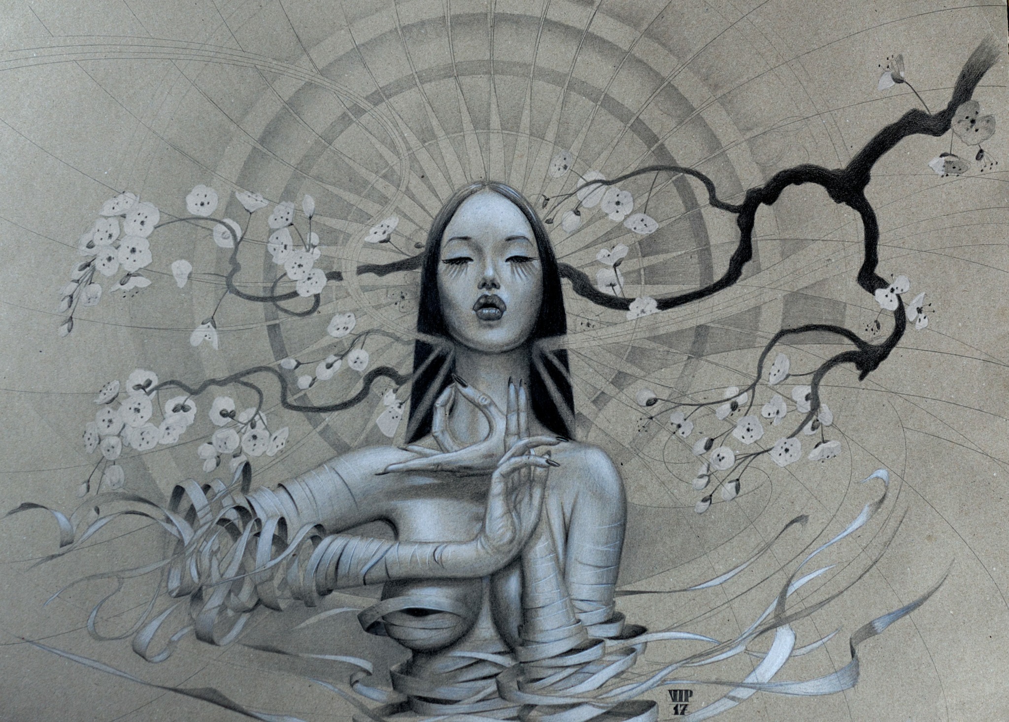 Black and white painting of a woman with long hair, surrounded by abstract branches and flowers, with water and swirling lines.