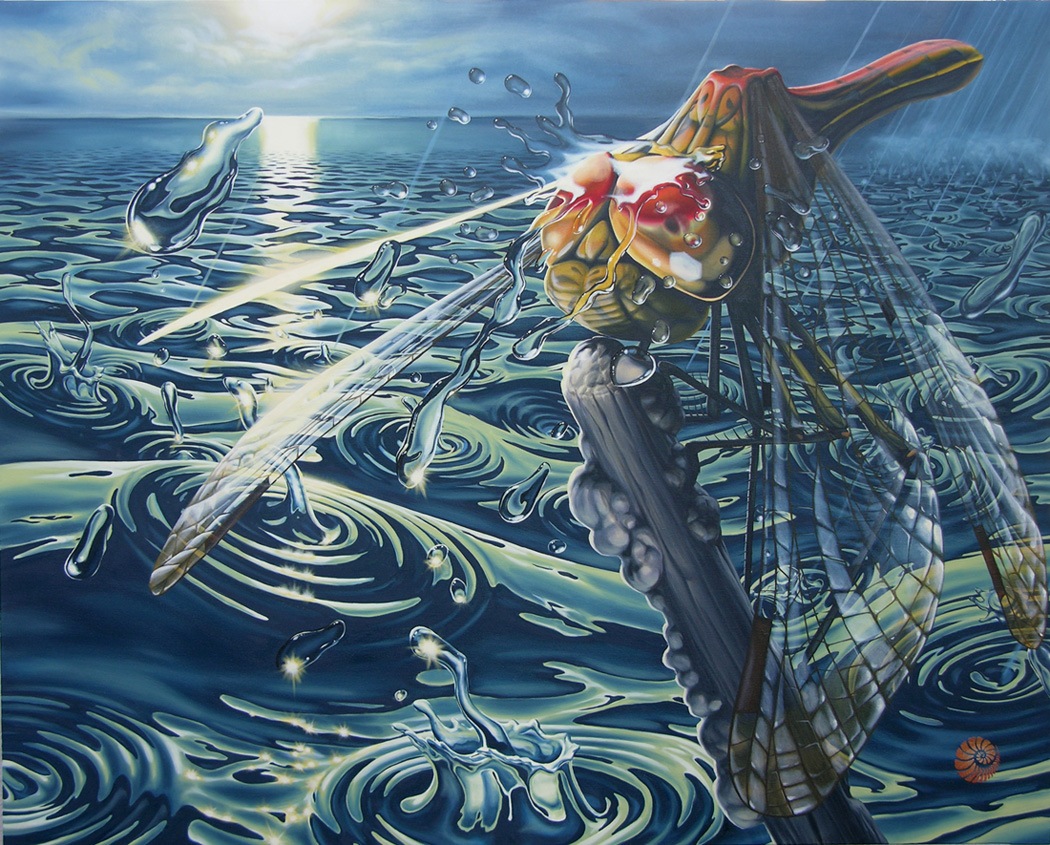 A surreal scene with a fish-headed figure holding a fishing rod over a water surface with fish jumping.
