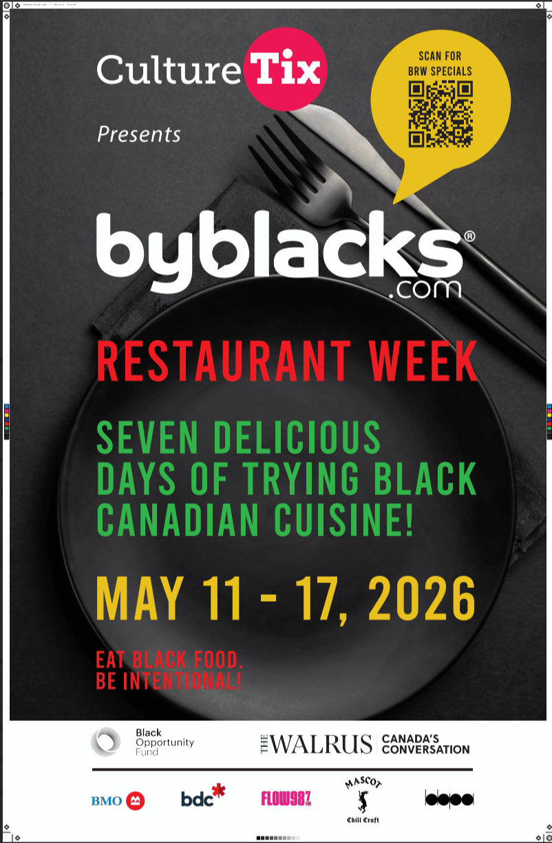 Black plate with fork, promotional poster for Black's Restaurant Week, May 11-17, 2026, with colorful text and QR code.