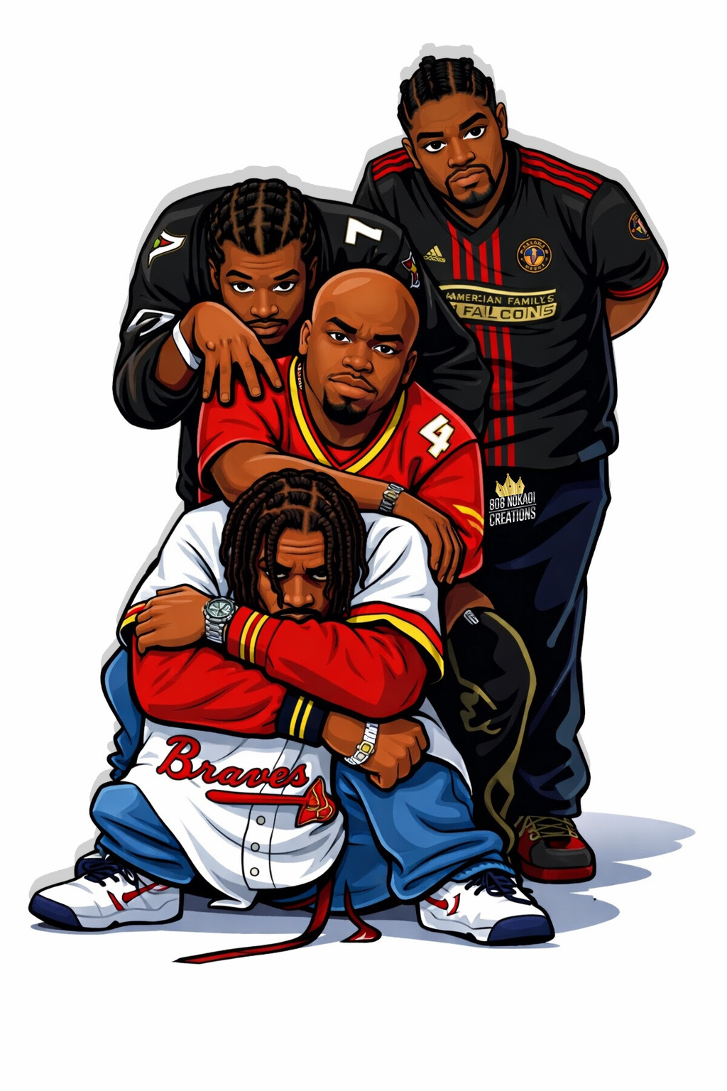 Four people with braided and dreadlocked hair, wearing sports jerseys, posing together against a white background.