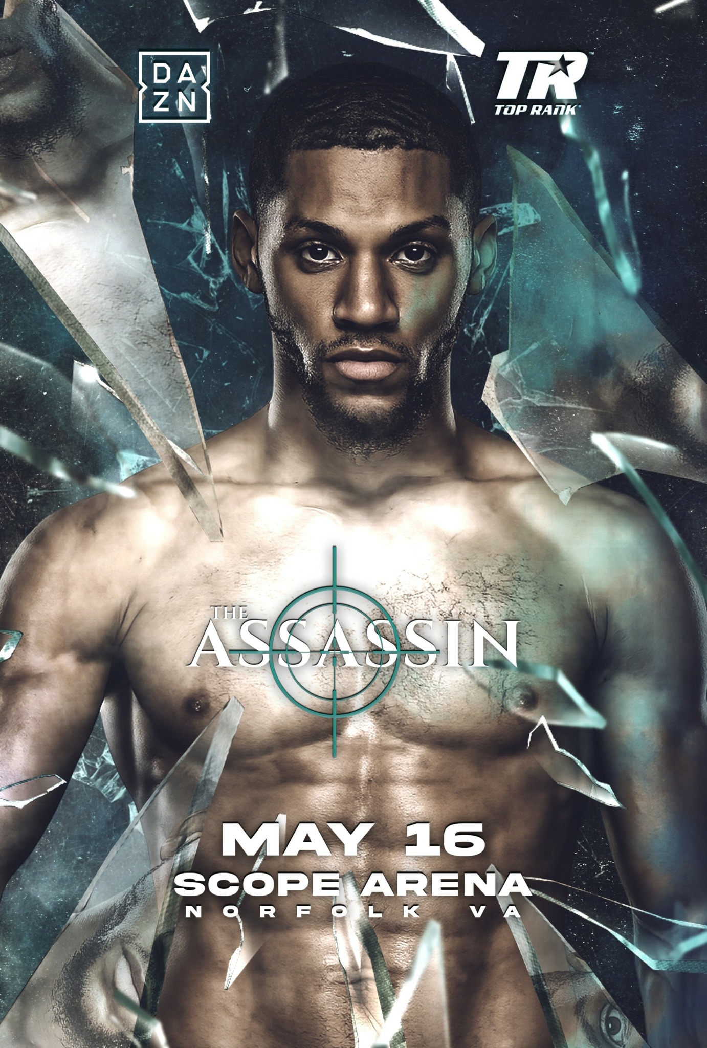 Promotional poster featuring a shirtless man with a serious expression, broken glass effects, and text about an event on May 16.
