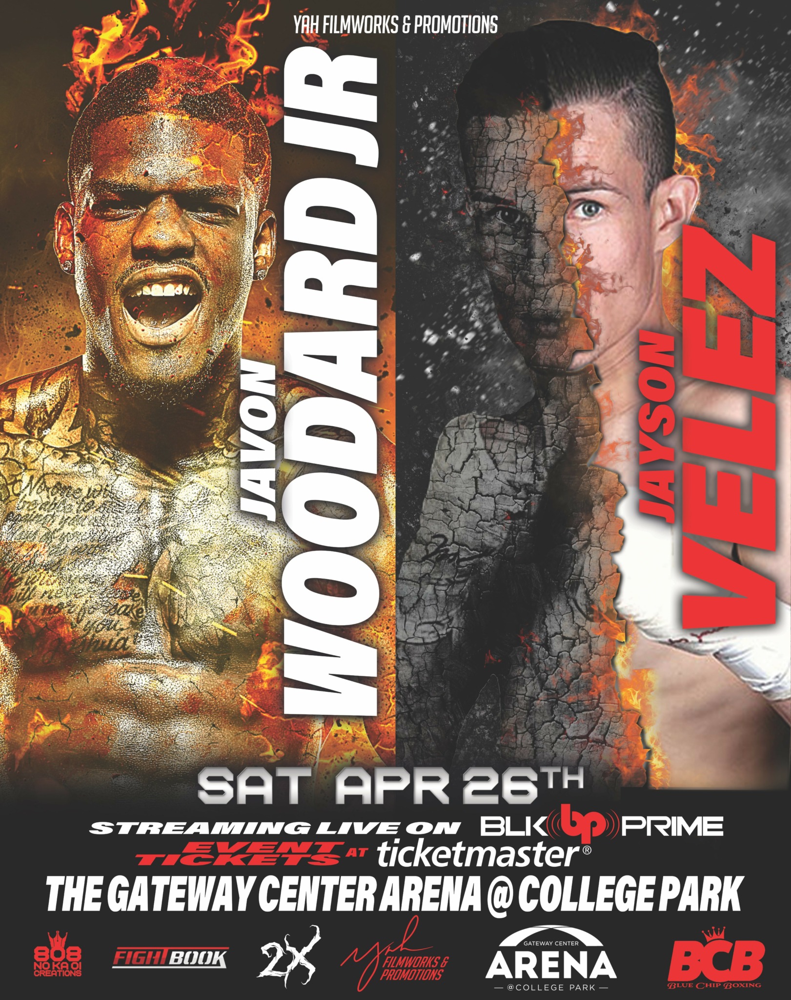 Event poster featuring two fighters, Avvon Woodard Jr. and Jaysson Velez, with event details and date.