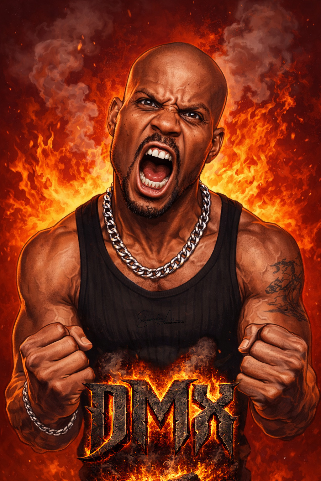 Angry man with a chain necklace, shouting with flames in background.
