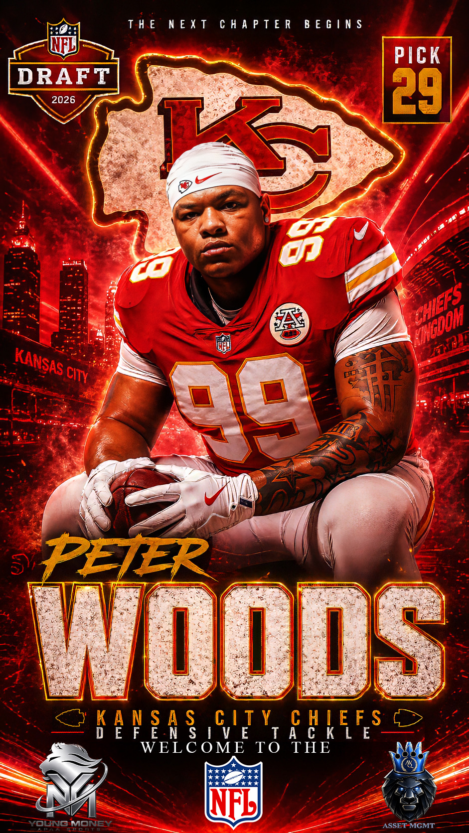 Football player in red Kansas City Chiefs uniform sitting with arms crossed, background with team logos and fiery effects.