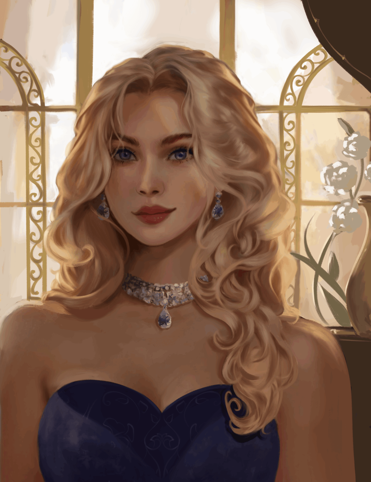 Woman with long, curly blonde hair wearing jewelry and a strapless dark dress, standing indoors with decorative windows.